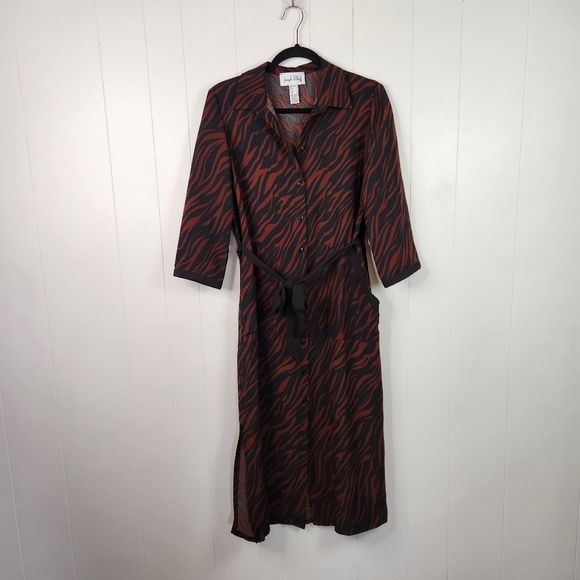 Joseph Ribkoff Brown Animal Print Midi Dress Long Sleeve Pockets Duster Size 4 - Picture 6 of 14
